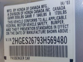 2003 HONDA CIVIC, SILVER, EX, 1.7L, VTEC, AT.  A25057